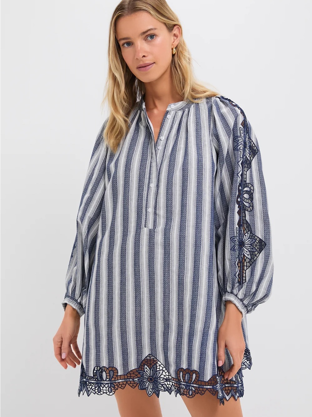 The Shirt by Rochelle Behrens Striped Embroidered Tunic Dress in Navy and White